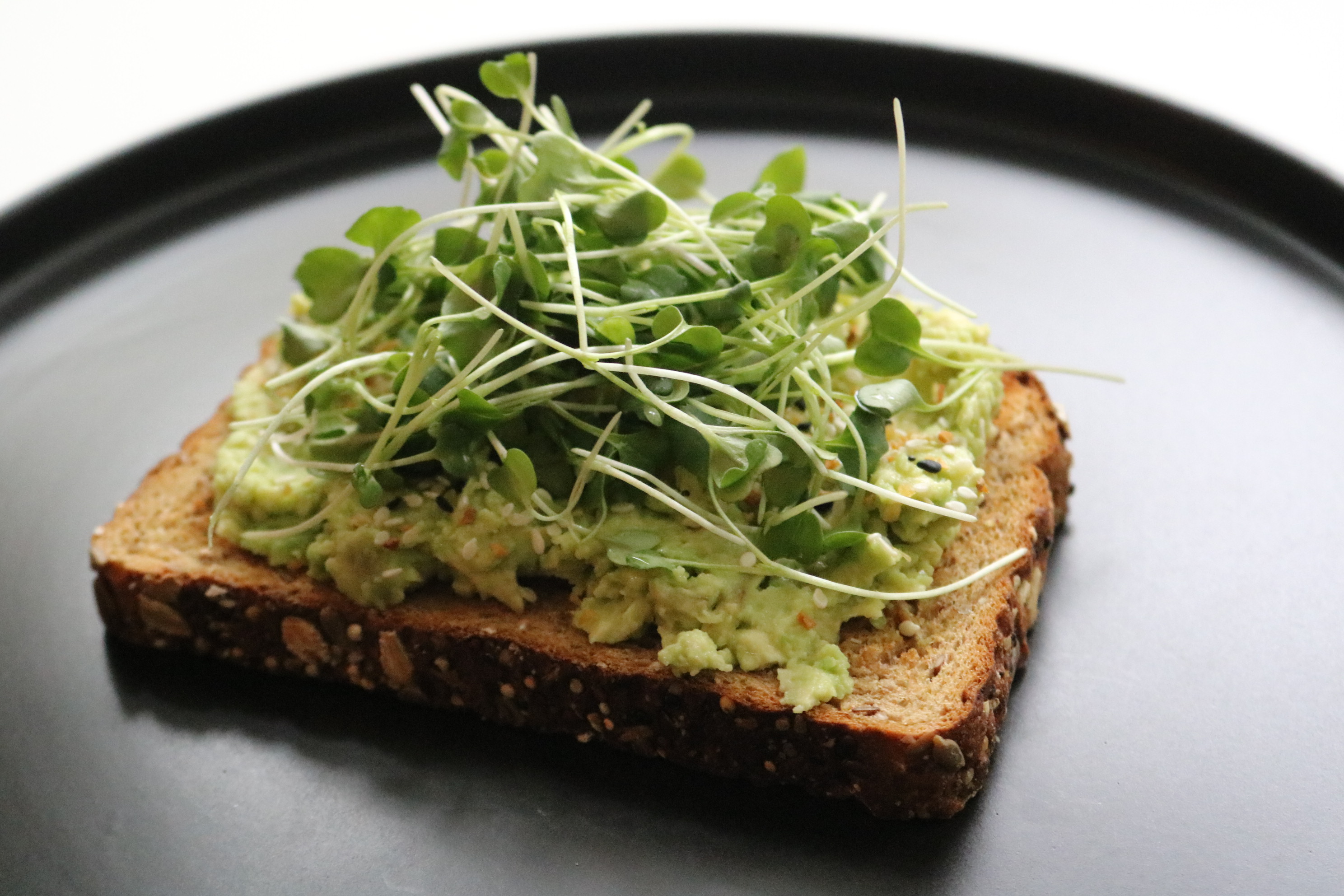 Avocado toast topped with fresh microgreens